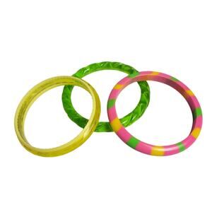 Vintage Neon Bangles Bracelets Stack of 3 Yellow/Pink/Green Stripe Rope Jewelry